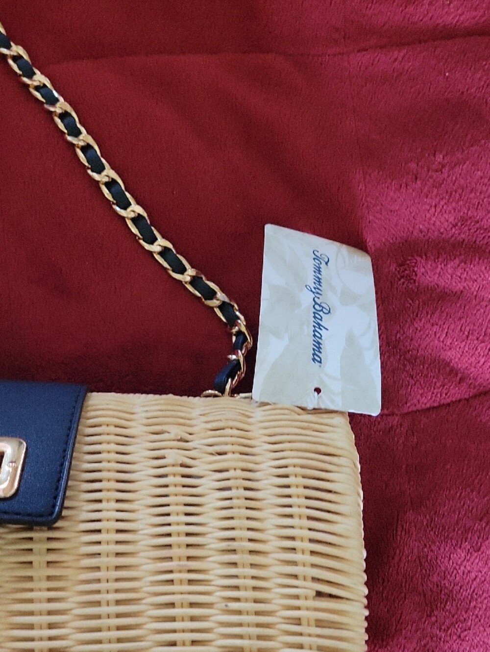 Tommy BAHAMA Straw Crossbody Bag with Navy Trim and Gold Hardware - Picture 2 of 4